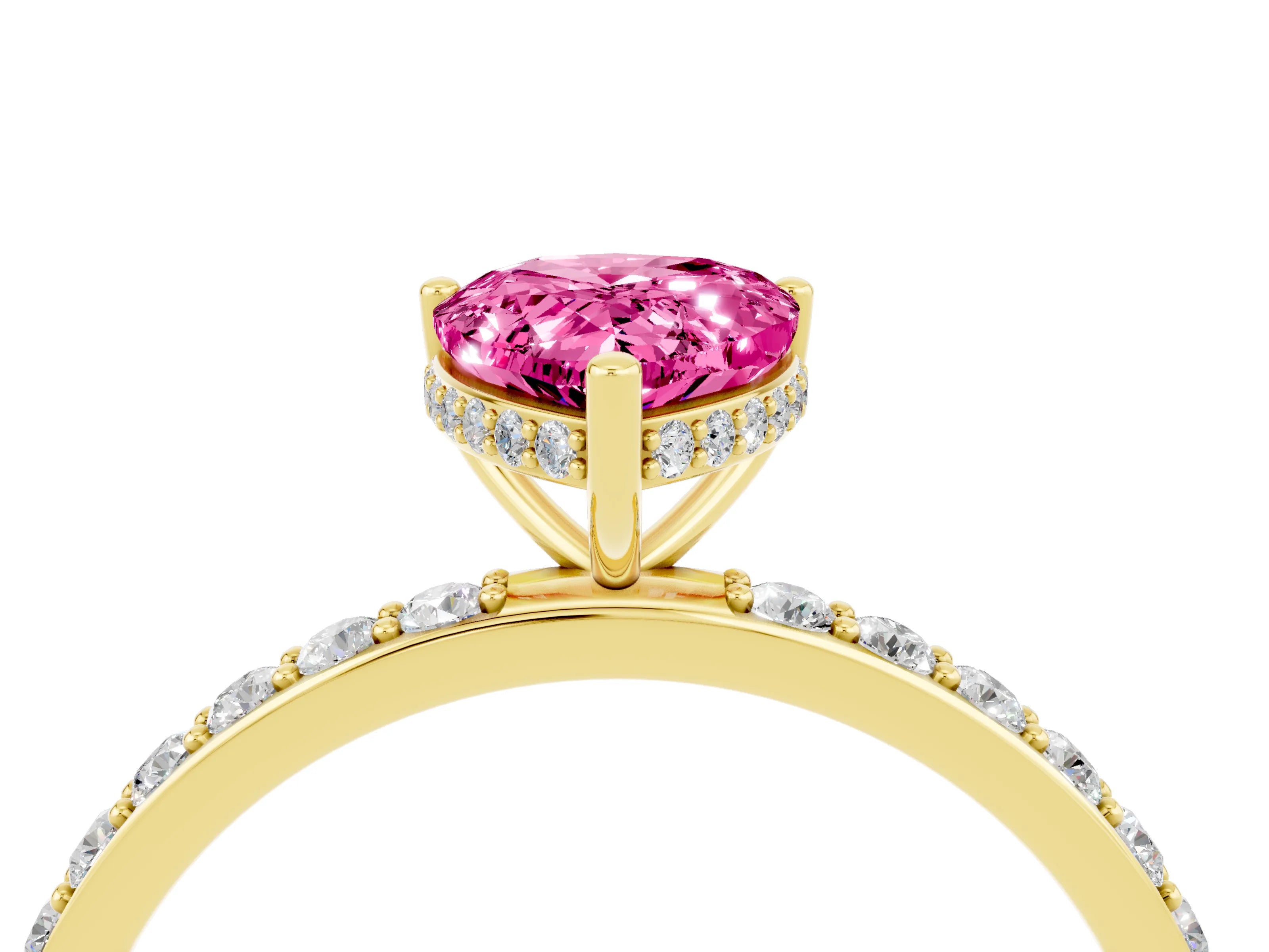 Yellow gold Pear Cut Pink Sapphire Solitaire Ring with Pavé Band and Hidden Halo_16