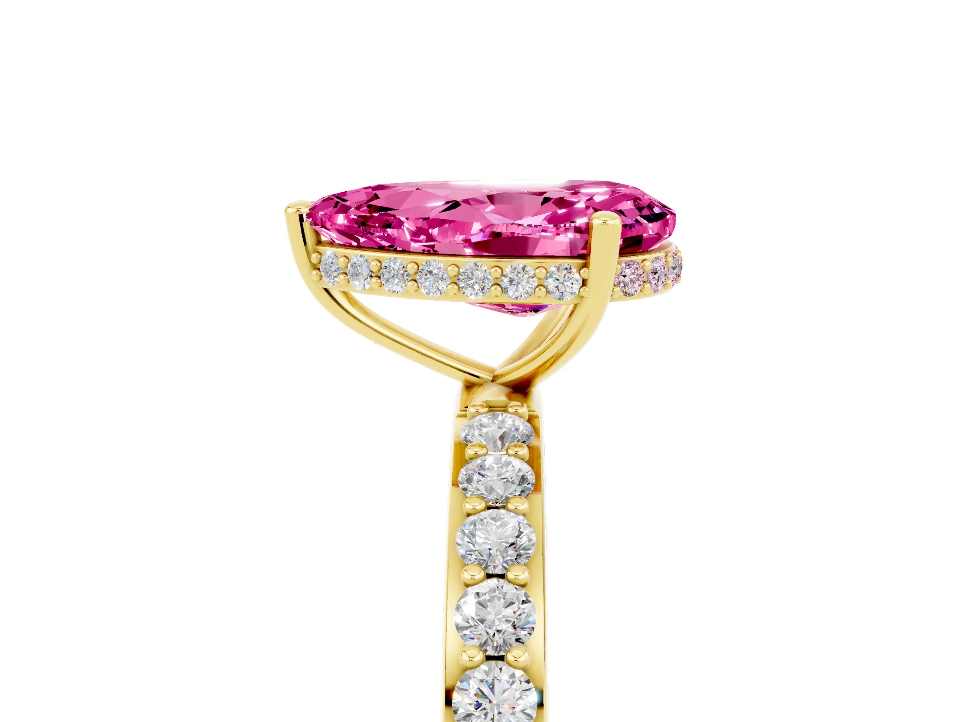 Yellow gold Pear Cut Pink Sapphire Solitaire Ring with Pavé Band and Hidden Halo_17