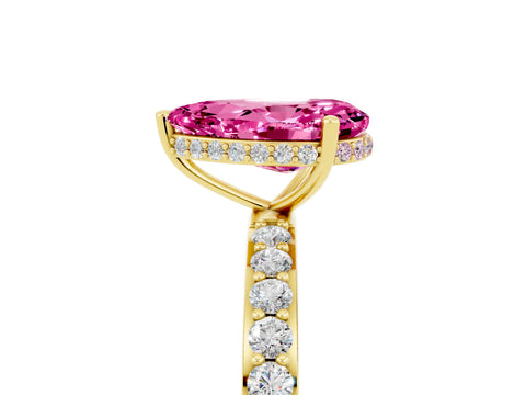 Yellow gold Pear Cut Pink Sapphire Solitaire Ring with Pavé Band and Hidden Halo_17