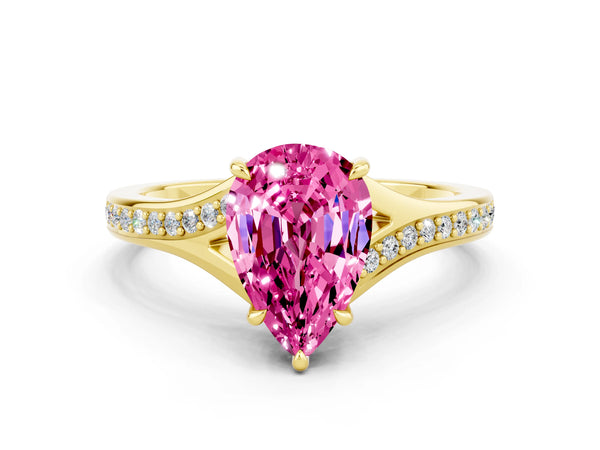 Yellow gold Pear Cut Pink Sapphire Solitaire Ring with Pavé Band and Prong Setting