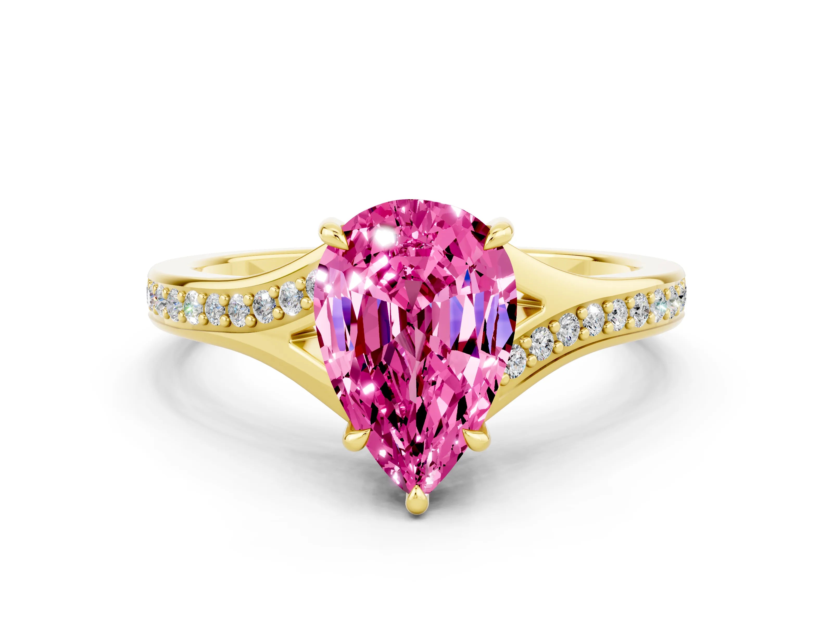 Yellow gold Pear Cut Pink Sapphire Solitaire Ring with Pavé Band and Prong Setting_12