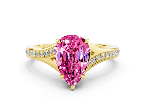 Yellow gold Pear Cut Pink Sapphire Solitaire Ring with Pavé Band and Prong Setting_12