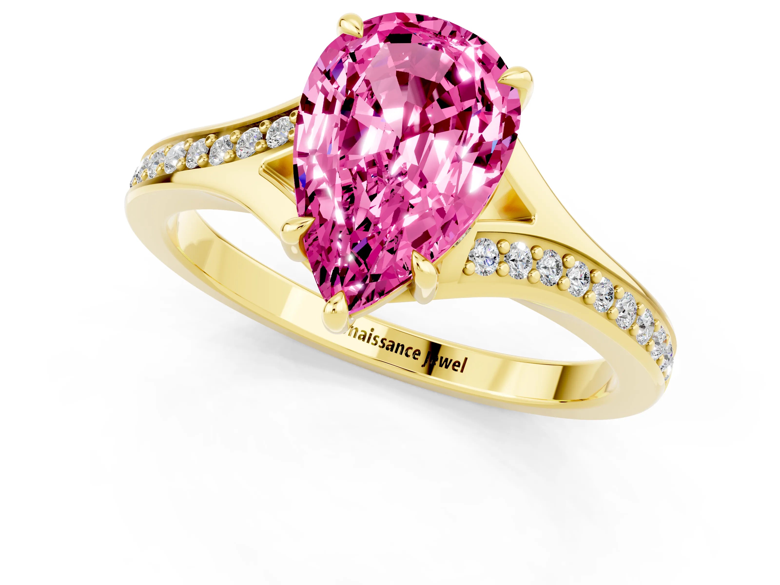 Yellow gold Pear Cut Pink Sapphire Solitaire Ring with Pavé Band and Prong Setting_13