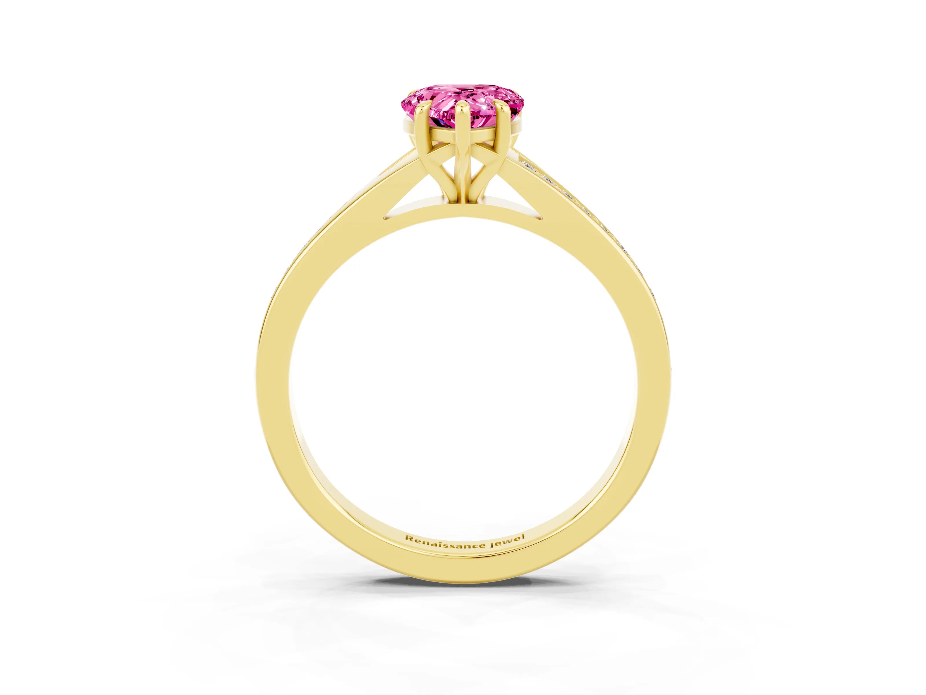 Yellow gold Pear Cut Pink Sapphire Solitaire Ring with Pavé Band and Prong Setting_15