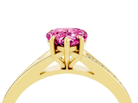 Yellow gold Pear Cut Pink Sapphire Solitaire Ring with Pavé Band and Prong Setting_16