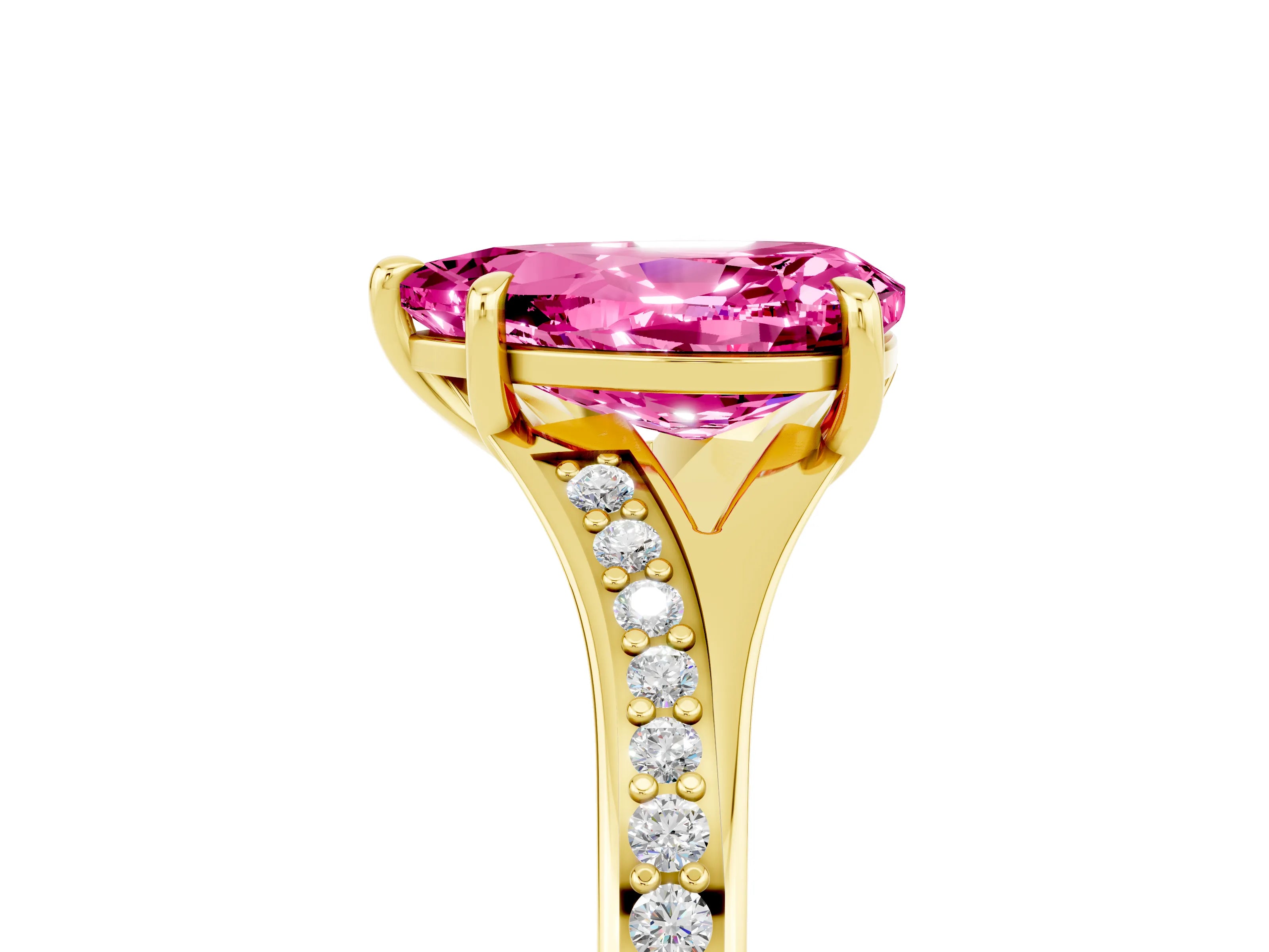 Yellow gold Pear Cut Pink Sapphire Solitaire Ring with Pavé Band and Prong Setting_17