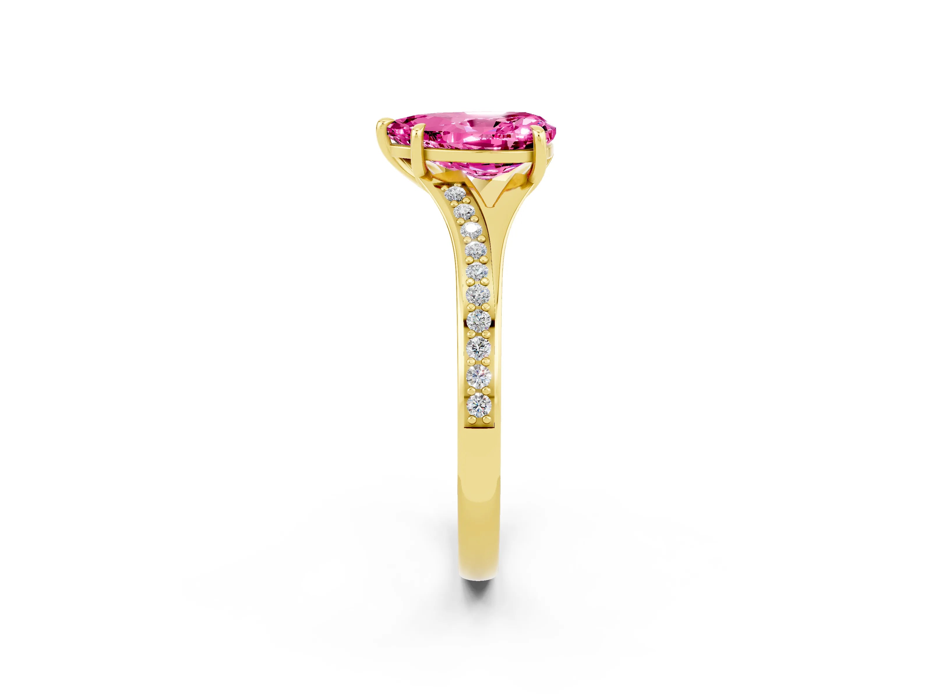 Yellow gold Pear Cut Pink Sapphire Solitaire Ring with Pavé Band and Prong Setting_2