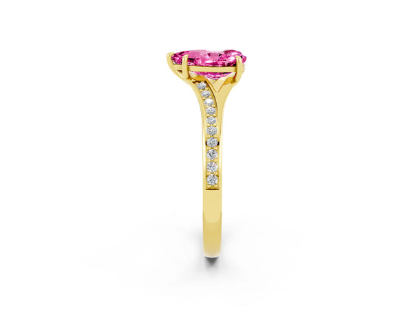Yellow gold Pear Cut Pink Sapphire Solitaire Ring with Pavé Band and Prong Setting