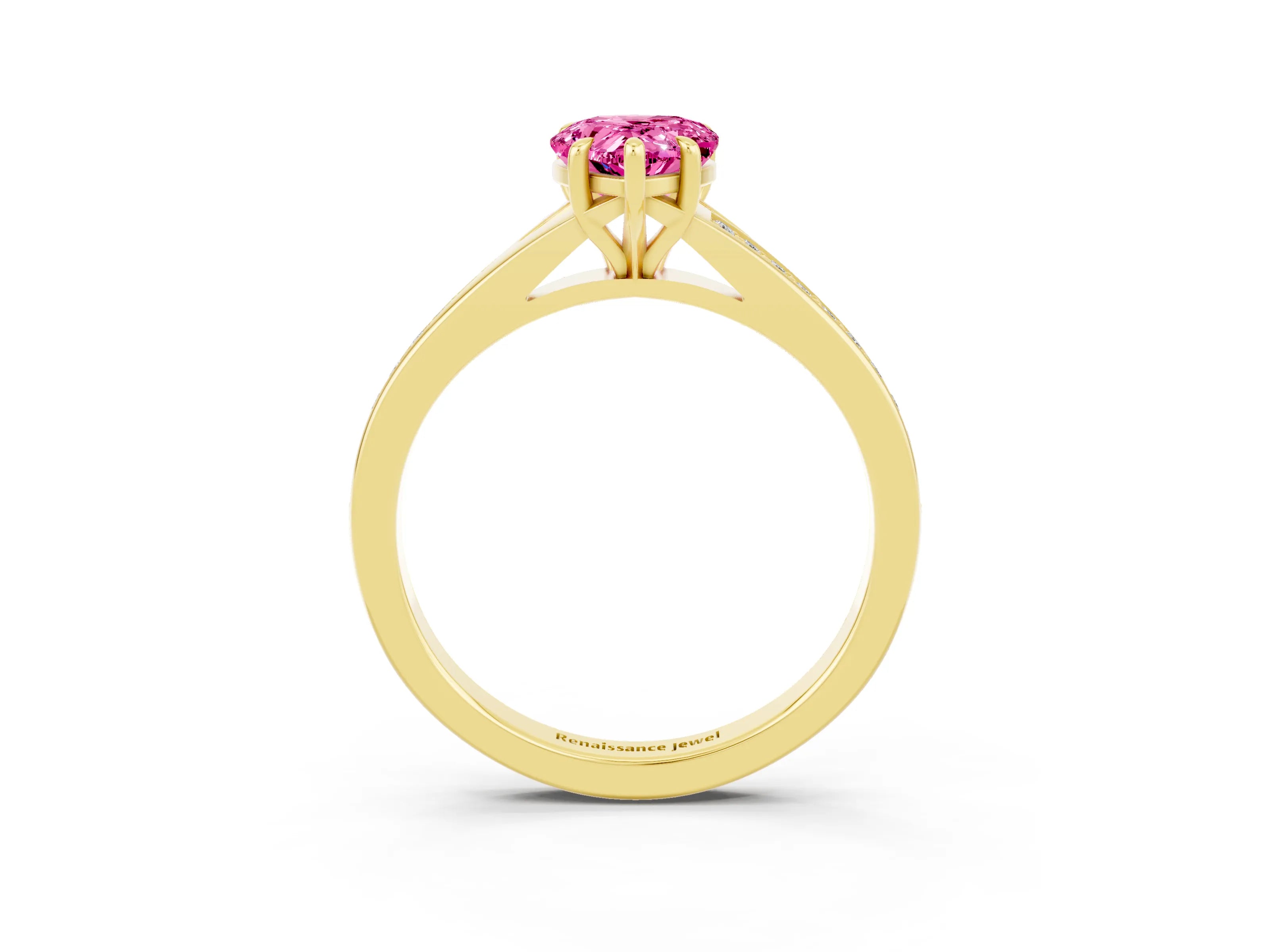 Yellow gold Pear Cut Pink Sapphire Solitaire Ring with Pavé Band and Prong Setting_3