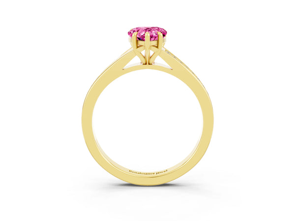 Yellow gold Pear Cut Pink Sapphire Solitaire Ring with Pavé Band and Prong Setting