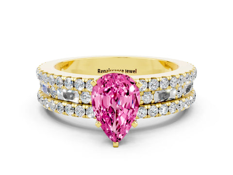 Yellow gold Pear Cut Pink Sapphire Solitaire Ring with Pavé and Channel Set Band_24