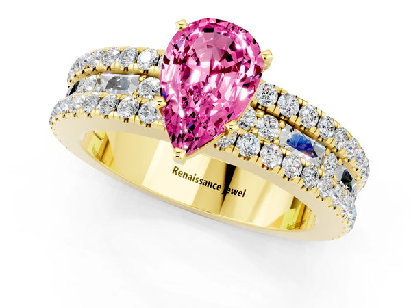 Yellow gold Pear Cut Pink Sapphire Solitaire Ring with Pavé and Channel Set Band