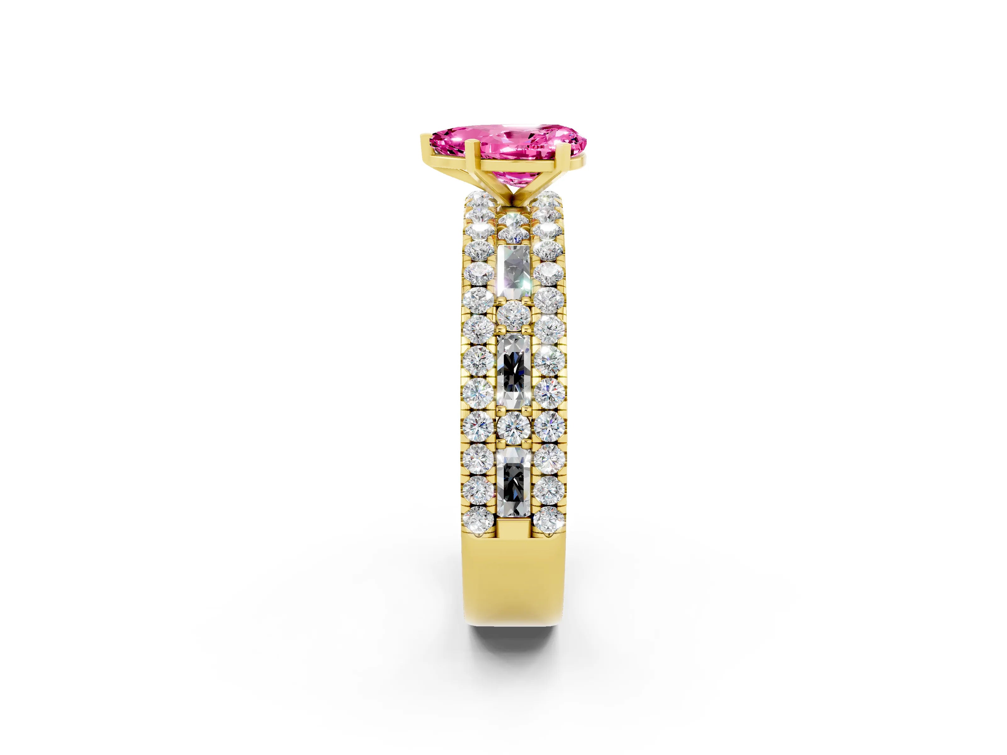 Yellow gold Pear Cut Pink Sapphire Solitaire Ring with Pavé and Channel Set Band_26