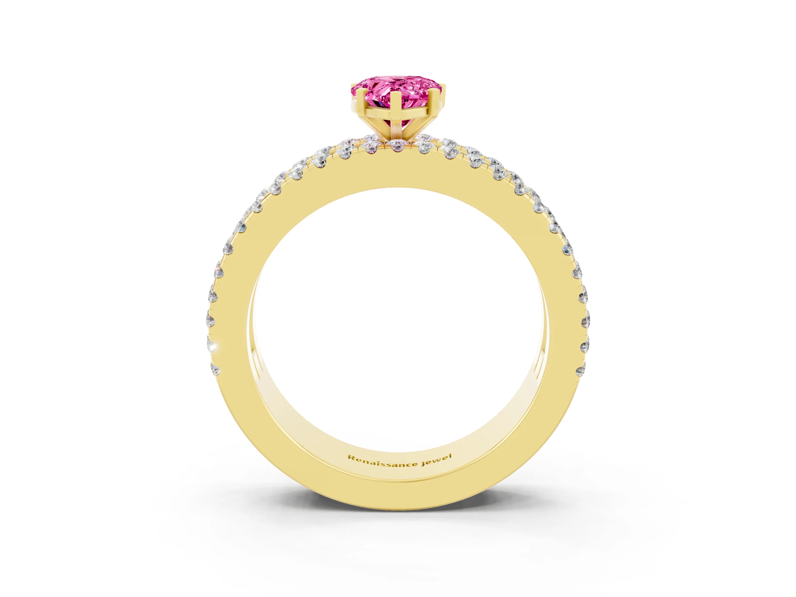 Yellow gold Pear Cut Pink Sapphire Solitaire Ring with Pavé and Channel Set Band_27