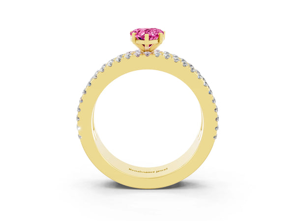 Yellow gold Pear Cut Pink Sapphire Solitaire Ring with Pavé and Channel Set Band