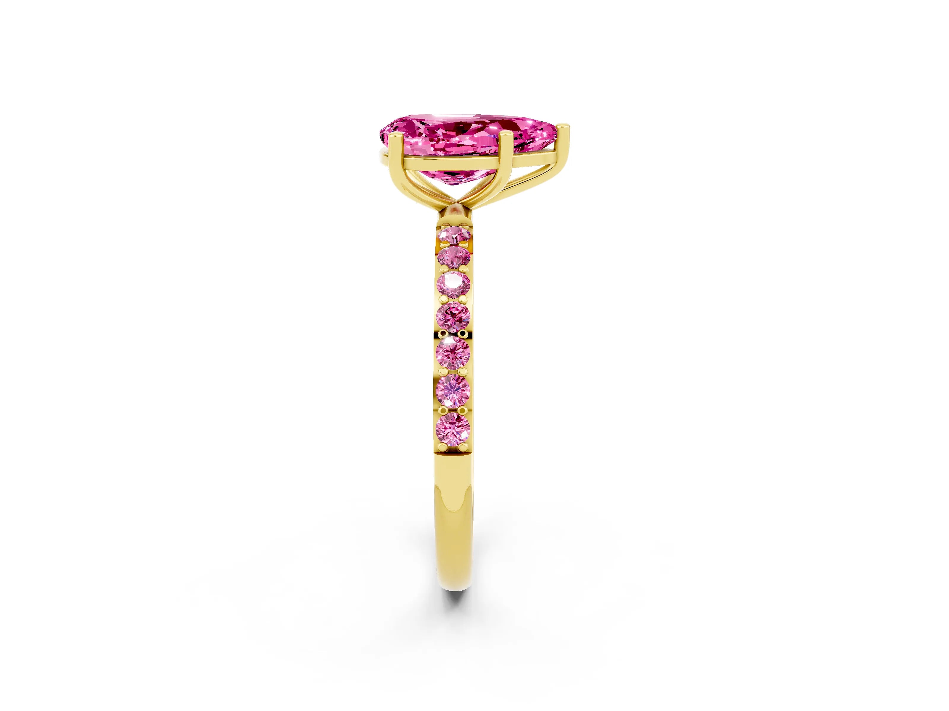 Yellow gold Pear Cut Pink Sapphire Solitaire Ring with Pave Band and Four Prong Setting_14