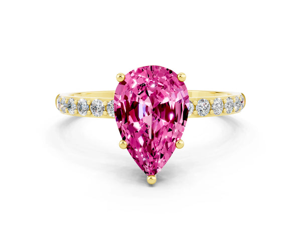 Yellow gold Pear Cut Pink Sapphire Solitaire Ring with Round  Pavé Band and Prong Setting