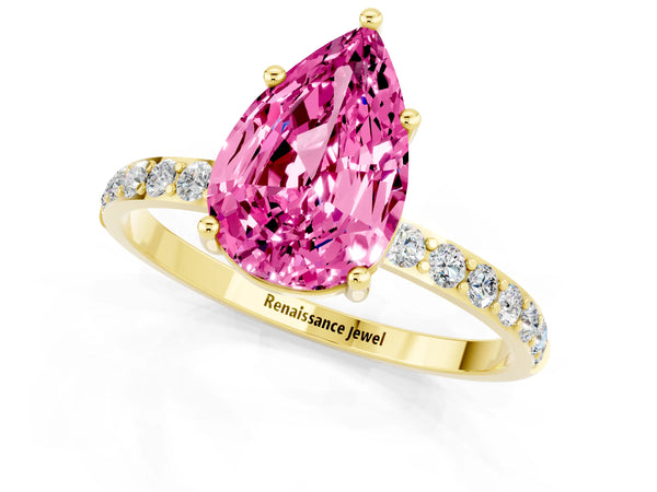 Yellow gold Pear Cut Pink Sapphire Solitaire Ring with Round  Pavé Band and Prong Setting