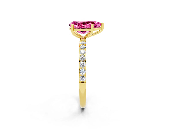 Yellow gold Pear Cut Pink Sapphire Solitaire Ring with Round  Pavé Band and Prong Setting