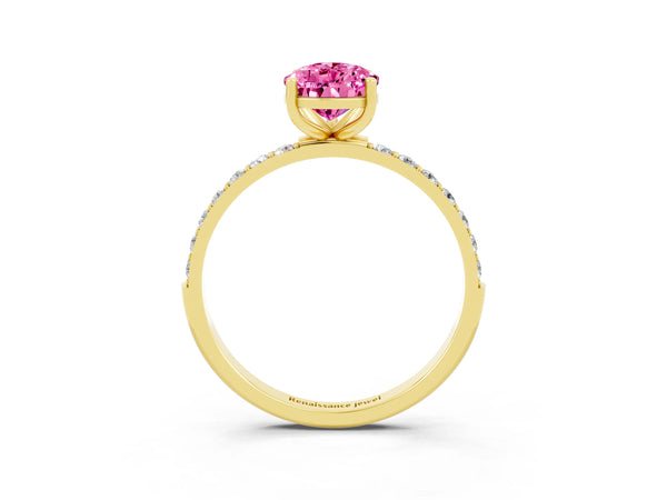Yellow gold Pear Cut Pink Sapphire Solitaire Ring with Round  Pavé Band and Prong Setting