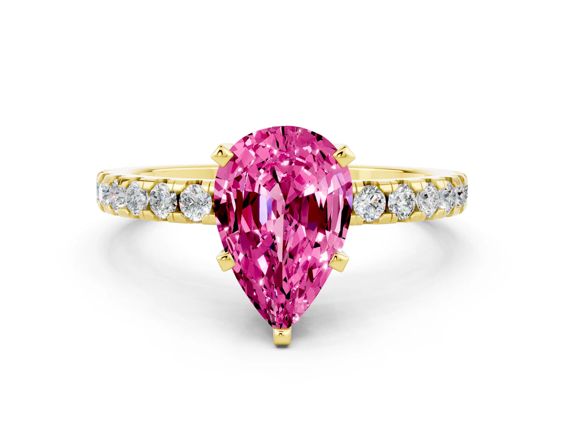 Yellow gold Pear Cut Pink Sapphire Solitaire Ring with Round  Pavé Band and Four-Prong Setting_42