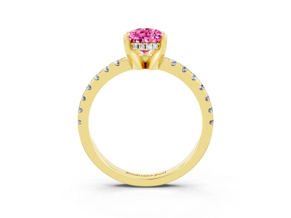 Yellow gold Pear Cut Pink Sapphire Solitaire Ring with Round Pavé Band and Four-Prong Setting