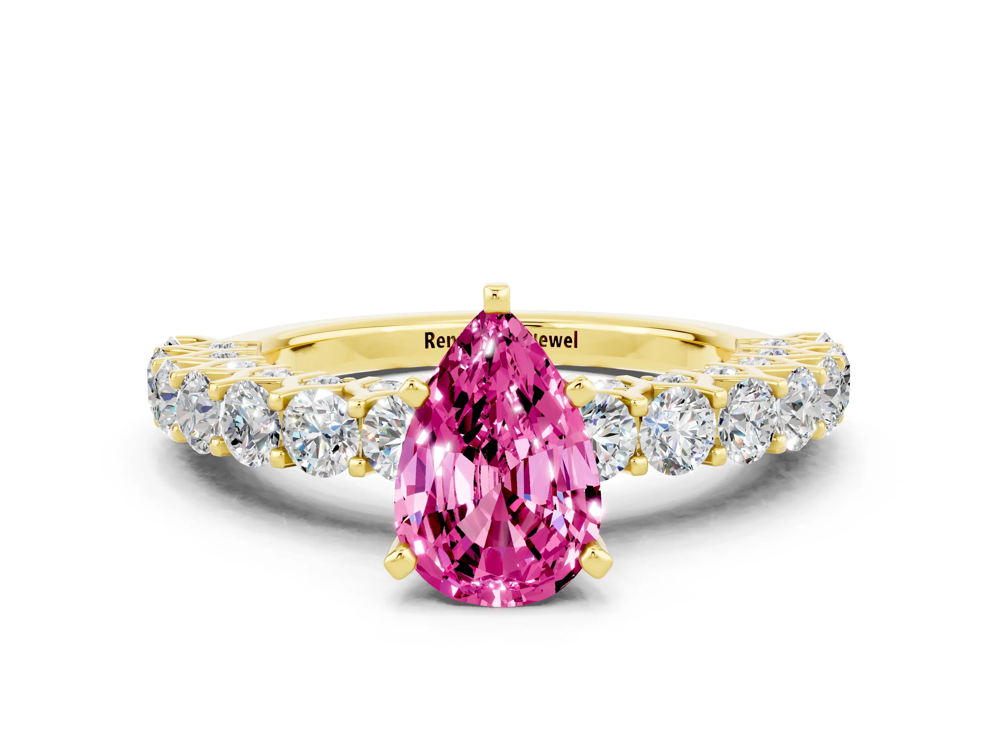 Yellow gold Pear Cut Pink Sapphire Solitaire Ring with Shared Prong Pavé Band and Four-Prong Setting