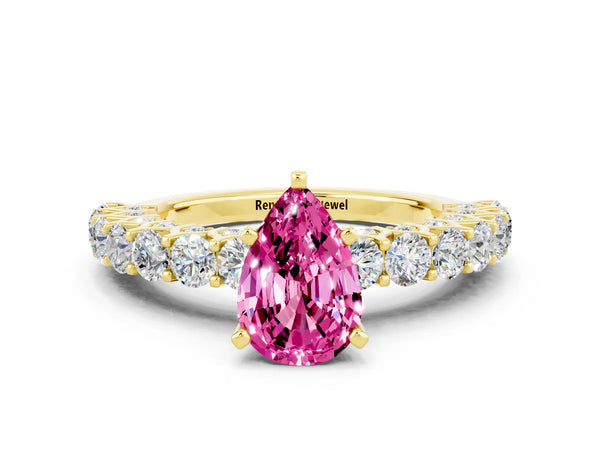 Yellow gold Pear Cut Pink Sapphire Solitaire Ring with Shared Prong Pavé Band and Four-Prong Setting