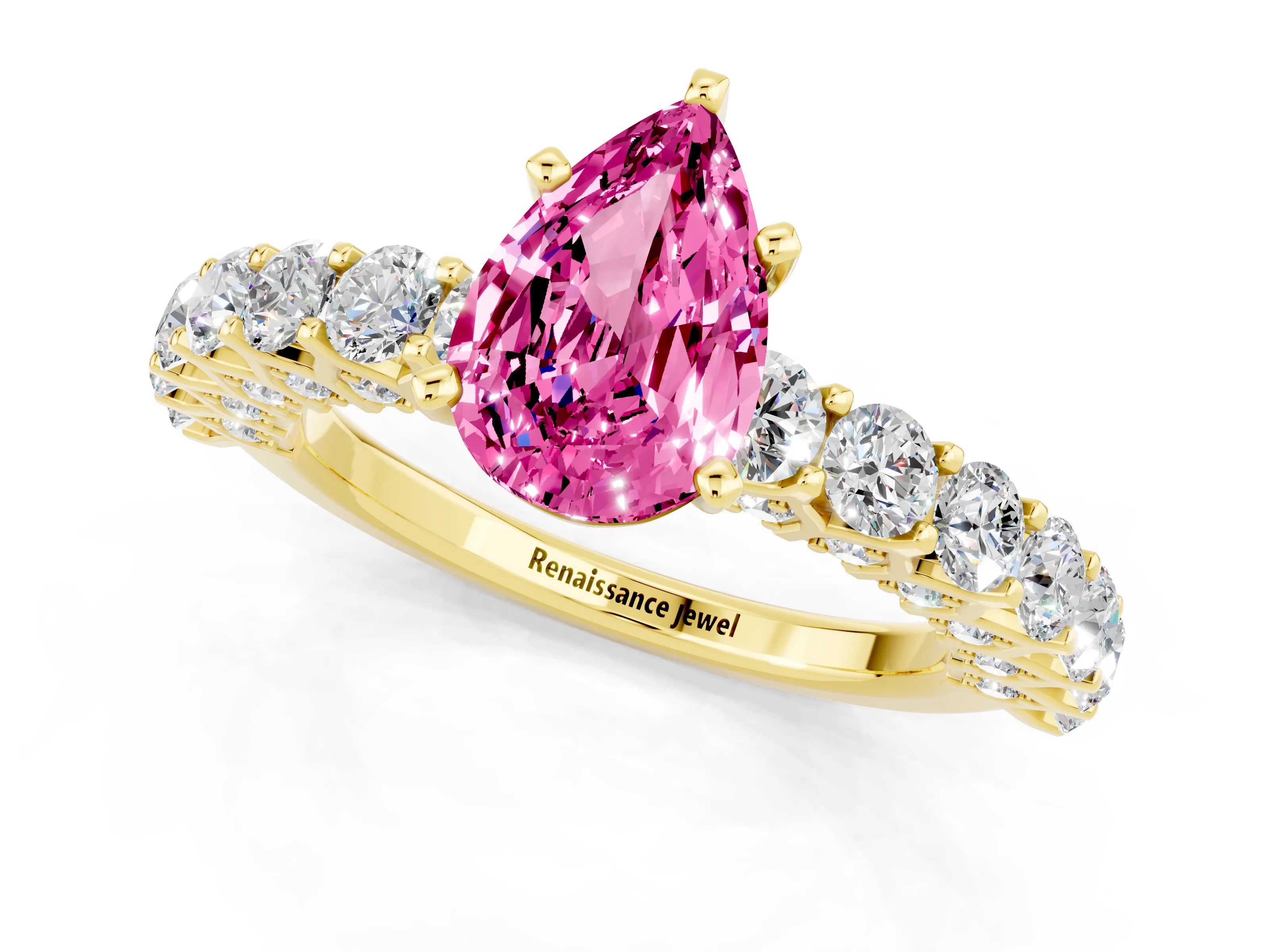 Yellow gold Pear Cut Pink Sapphire Solitaire Ring with Shared Prong Pavé Band and Four-Prong Setting_1