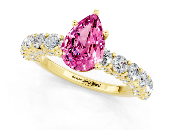 Yellow gold Pear Cut Pink Sapphire Solitaire Ring with Shared Prong Pavé Band and Four-Prong Setting