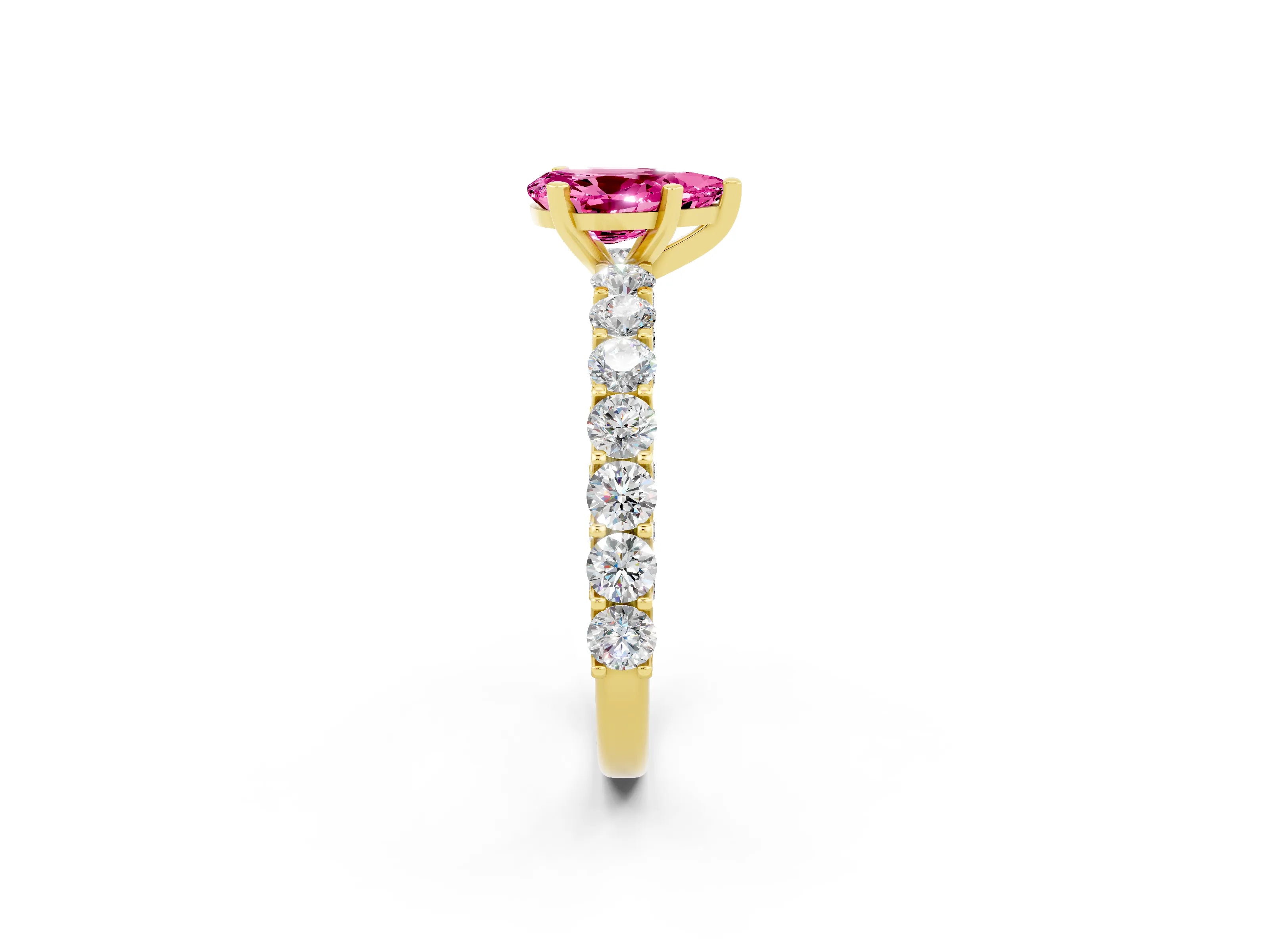 Yellow gold Pear Cut Pink Sapphire Solitaire Ring with Shared Prong Pavé Band and Four-Prong Setting_2