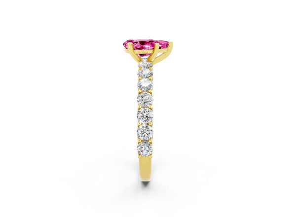 Yellow gold Pear Cut Pink Sapphire Solitaire Ring with Shared Prong Pavé Band and Four-Prong Setting
