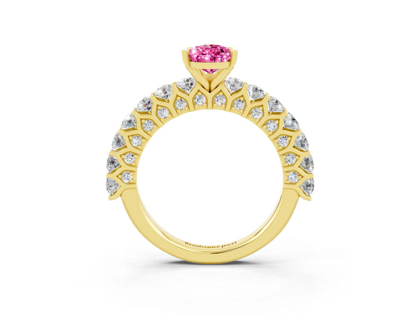 Yellow gold Pear Cut Pink Sapphire Solitaire Ring with Shared Prong Pavé Band and Four-Prong Setting