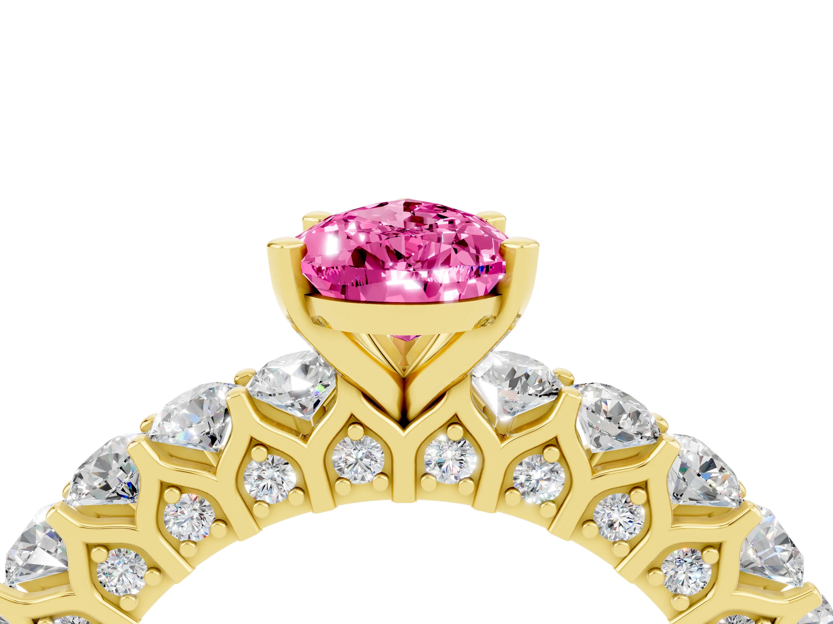 Yellow gold Pear Cut Pink Sapphire Solitaire Ring with Shared Prong Pavé Band and Four-Prong Setting_4