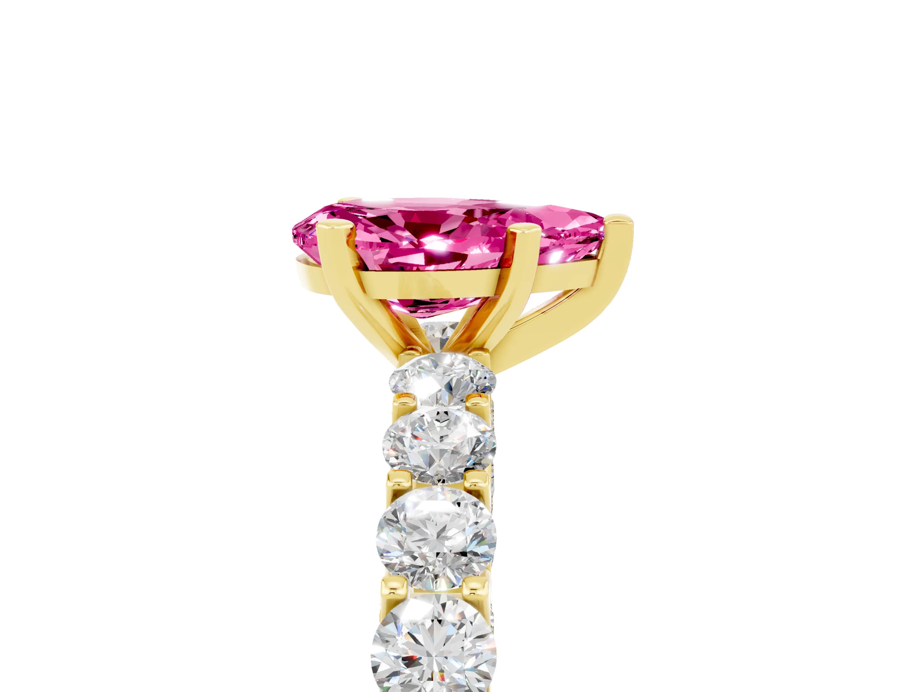 Yellow gold Pear Cut Pink Sapphire Solitaire Ring with Shared Prong Pavé Band and Four-Prong Setting_5