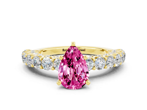 Yellow gold Pear Cut Pink Sapphire Solitaire Ring with Shared Prong Pavé Band and Four-Prong Setting