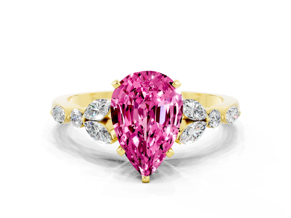 Yellow gold Pear Cut Pink Sapphire Solitaire Ring with Side Stones and Four-Prong Setting