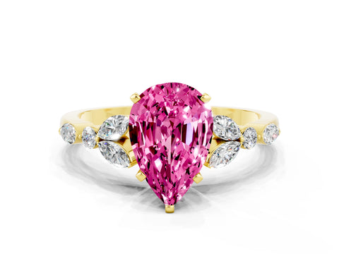 Yellow gold Pear Cut Pink Sapphire Solitaire Ring with Side Stones and Four-Prong Setting_12