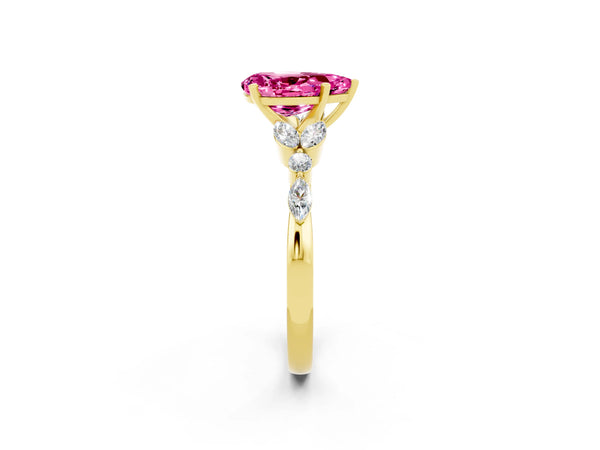 Yellow gold Pear Cut Pink Sapphire Solitaire Ring with Side Stones and Four-Prong Setting