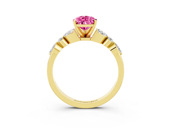 Yellow gold Pear Cut Pink Sapphire Solitaire Ring with Side Stones and Four-Prong Setting