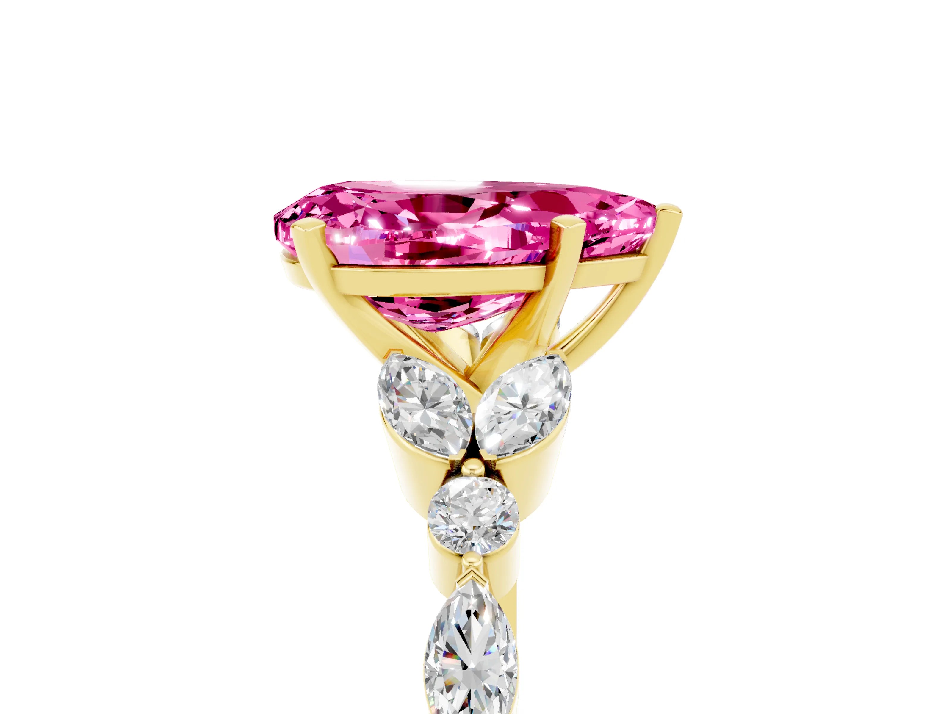 Yellow gold Pear Cut Pink Sapphire Solitaire Ring with Side Stones and Four-Prong Setting_17