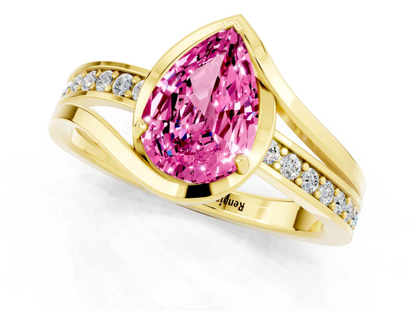 Yellow gold Pear Cut Pink Sapphire Solitaire Ring with Split Shank and Prong Setting