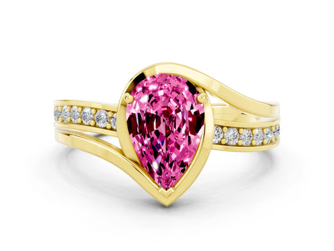 Yellow gold Pear Cut Pink Sapphire Solitaire Ring with Split Shank and Prong Setting