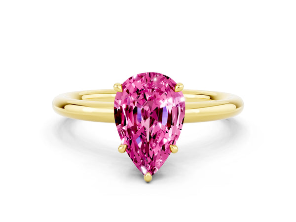 Yellow gold Pear Cut Pink Sapphire Solitaire Ring with Thin Band and Four-Prong Setting