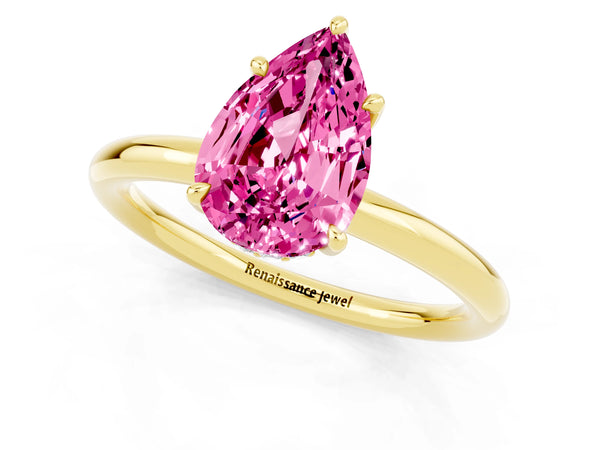 Yellow gold Pear Cut Pink Sapphire Solitaire Ring with Thin Band and Four-Prong Setting