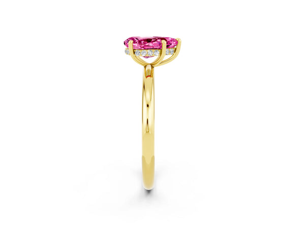 Yellow gold Pear Cut Pink Sapphire Solitaire Ring with Thin Band and Four-Prong Setting