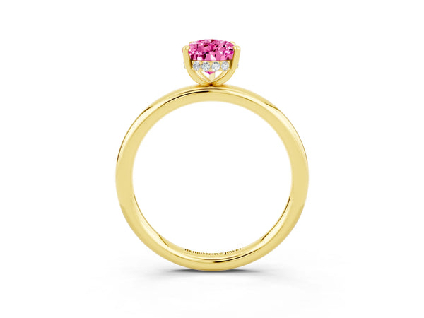 Yellow gold Pear Cut Pink Sapphire Solitaire Ring with Thin Band and Four-Prong Setting