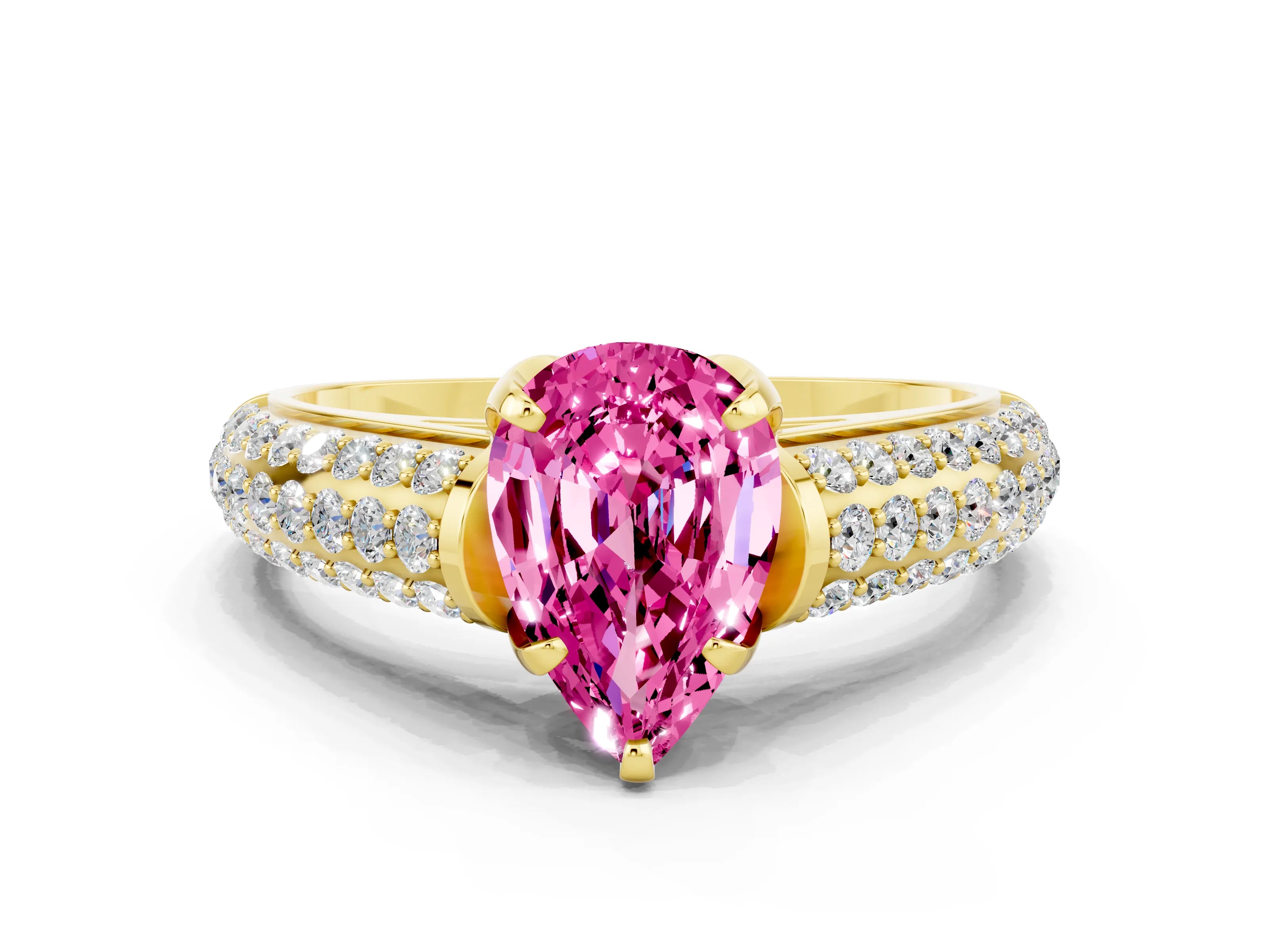 Yellow gold Pear Cut Pink Sapphire Solitaire Ring with Three-Row Pavé Band and Four-Prong Setting_12