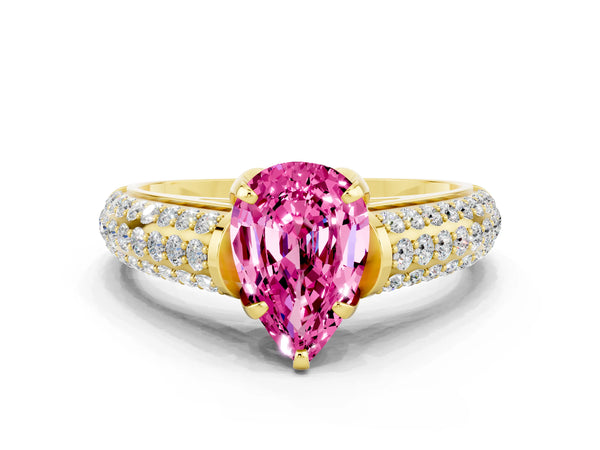 Yellow gold Pear Cut Pink Sapphire Solitaire Ring with Three-Row Pavé Band and Four-Prong Setting
