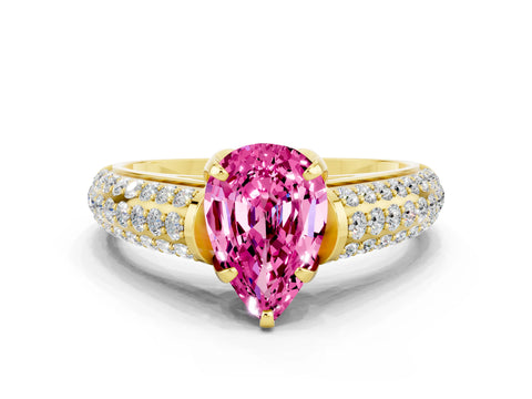 Yellow gold Pear Cut Pink Sapphire Solitaire Ring with Three-Row Pavé Band and Four-Prong Setting_12